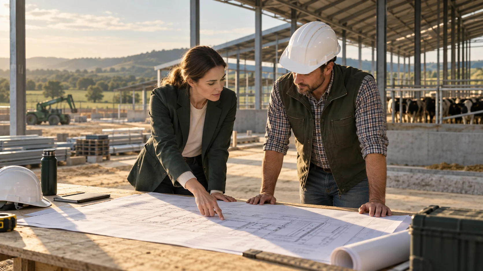 Yeni çiftlik yapısı önünde teknik planları değerlendiren proje ekibi