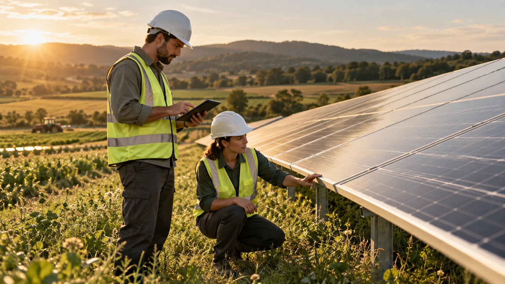 Güneş enerjisi santralindeki panelleri kontrol eden teknik ekip